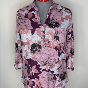 Laura Scott Blouse Womens Large Multicolor Floral Henley Roll Tab Sleeve Top